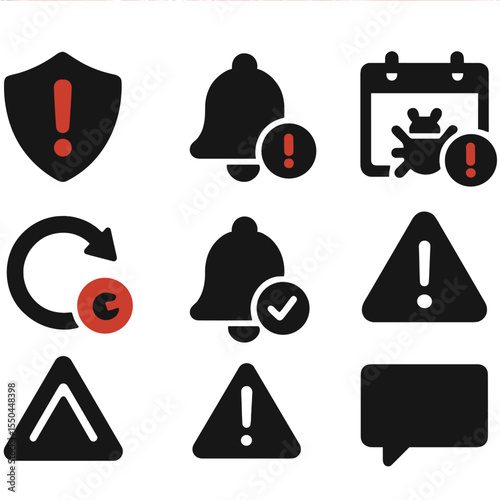 Antivirus Alert Icons. Solid style icons of antivirus alerts and notifications: red shield alert, notification bell, risk detected
