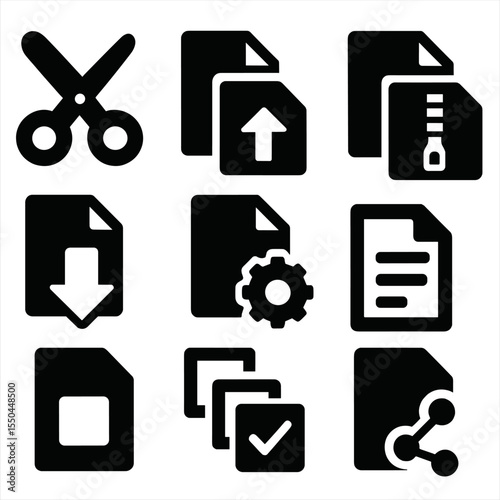 File Operation Icons. Solid style icons of file operations: cut icon, paste icon, duplicate file, compress file, extract archive,
