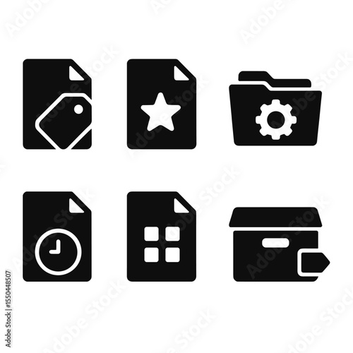 File Organization Icons. Solid style icons of file organization: tag file, star file, group by type, smart folder, recently opened