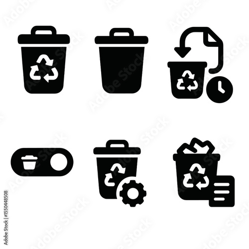 Recycle Bin Icons. Solid style icons of recycle bin functions: trash icon, empty bin, restore file, recently deleted, auto-delete