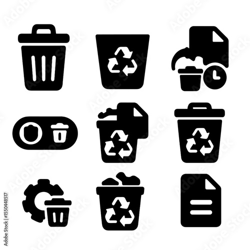 Recycle Bin Icons. Solid style icons of recycle bin functions: trash icon, empty bin, restore file, recently deleted, auto-delete