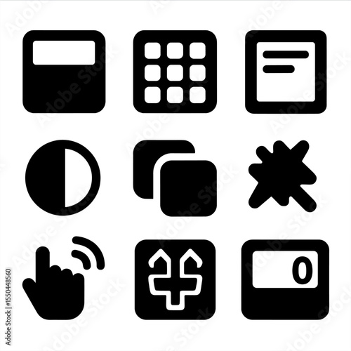 Calculator Interface Icons. Solid style icons of calculator interface: calculator screen, button grid, history panel, theme toggle