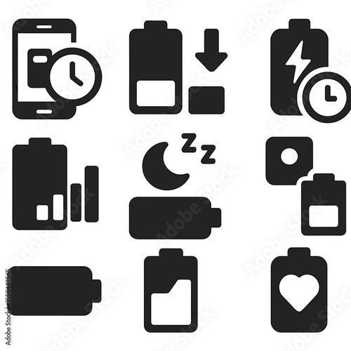 Battery Usage Icons. Solid style icons of battery usage estimators: device usage hours, battery percent drop, power drain icon,