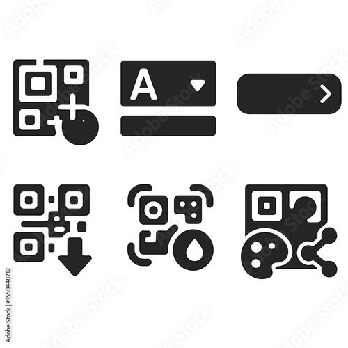 QR Tool Icons. Solid style icons of QR generator tools: create QR icon, type selection, input field, generate button, download QR,
