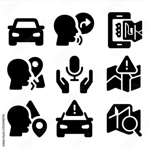 Car Assistant Icons. Solid style icons of car assistant mode: driving mode, route voice command, traffic update, gas station