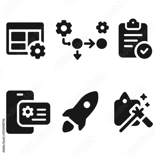Automation Template Icons. Solid style icons of automation templates: template gallery icon, pre-made rule, recommended flow,