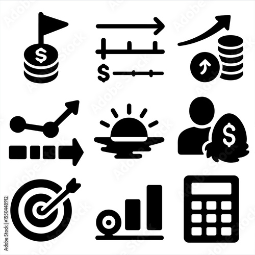 Investment Icons Collection. Solid style icons of investment planning: financial goal icon, timeline strategy, long-term plan,