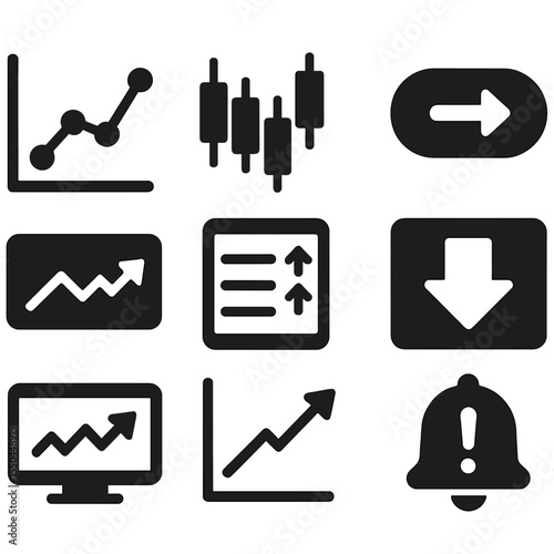 Stock Market Icons. Solid style icons of stock market tools: stock chart, candlestick icon, buy stock button, sell order icon,