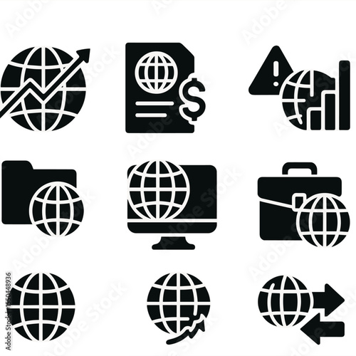 International Investing Icons. Solid style icons of international investing: globe with chart, foreign stocks, currency risk icon,