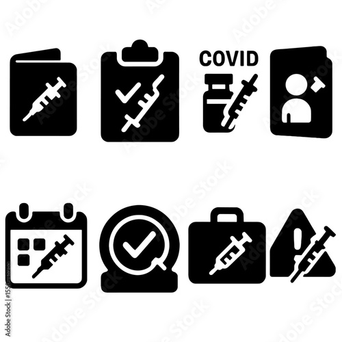Vaccine Icon Set. Solid style icons of immunization records: vaccine history, immunization checklist, COVID vaccine icon,