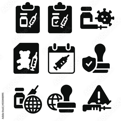 Vaccine Icon Set. Solid style icons of immunization records: vaccine history, immunization checklist, COVID vaccine icon,