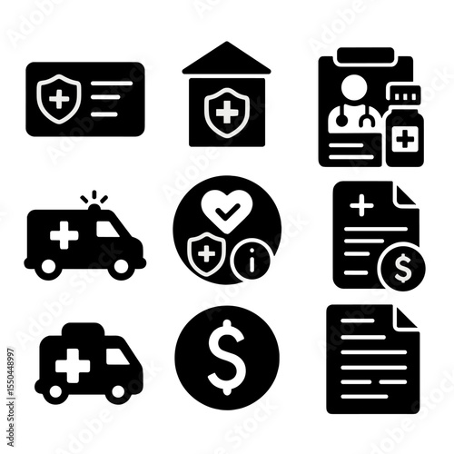 Health Insurance Icons. Solid style icons of health insurance: medical insurance card, hospital coverage, doctor visit claim,