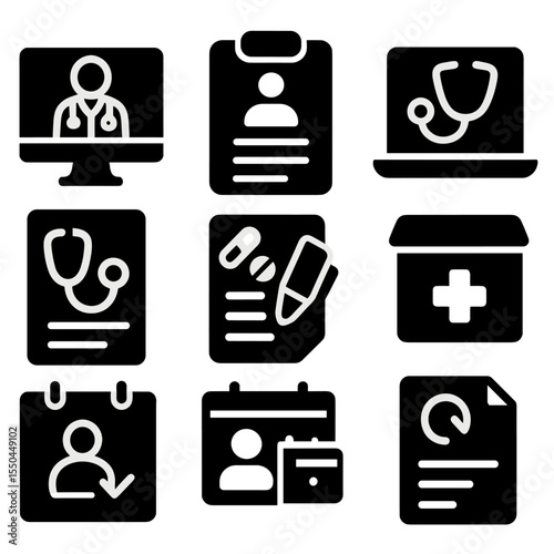 Doctor Tools Icons. Solid style icons of doctor tools: doctor dashboard, patient list, consult notes, e-prescribe tool, online