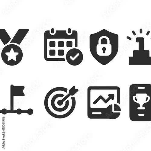 Fitness Achievement Icons. Solid style icons of fitness goals and achievements: fitness medal, weekly challenge icon, badge