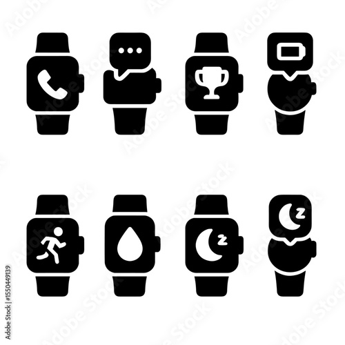 Wearable Notification Icons. Solid style icons of wearable notifications: call alert icon, message on wrist, goal reached popup,