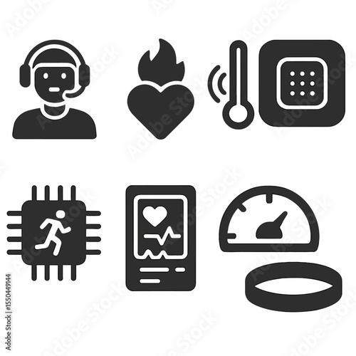 Futuristic Tracker Icons. Solid style icons of futuristic tracker features: AI coach icon, metabolic rate monitor, body