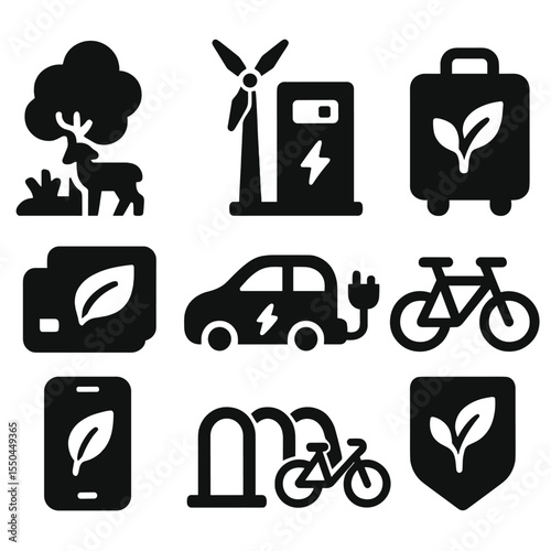Sustainable Travel Icons. Solid style icons of sustainable travel icons: nature reserve, clean energy station, green transport