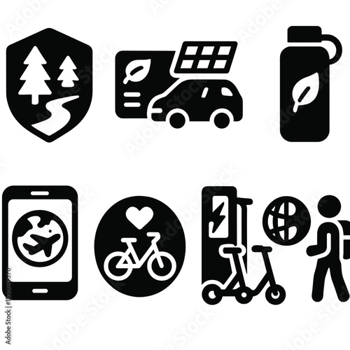 Sustainable Travel Icons. Solid style icons of sustainable travel icons: nature trail badge, green transport pass, solar powered