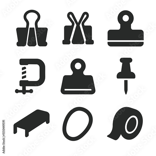 Office Clip Icons. Solid vector icons of clip alternatives: binder clip, butterfly clip, foldback clip, clamp clip, bulldog clip,