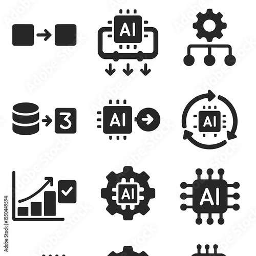 AI Workflow Icons. Solid vector icons of AI workflows: input-output model flow, AI pipeline icon, task automation path, data