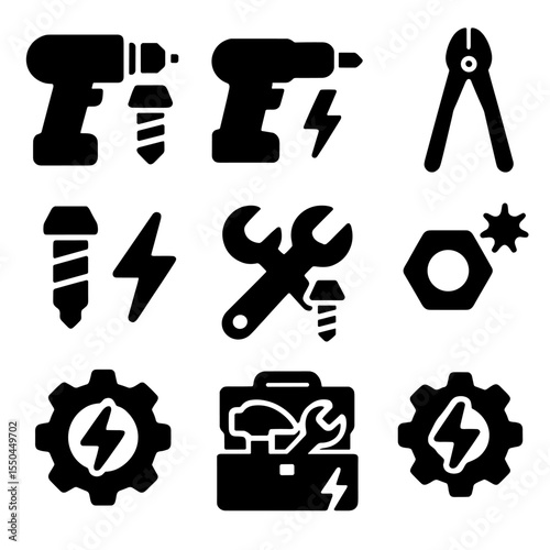 Tools and Hardware Icons. Solid vector icons of tools and hardware: power tool with bolt icon, electric drill flash, bolt cutter