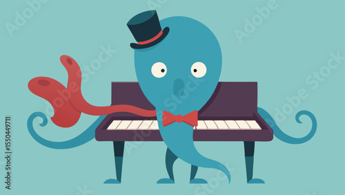 Dapper Octopus A charming depiction of a stylish octopus donning a bow tie and a top hat confidently playing a grand piano. The eight arms are all engaged some emphasizing the