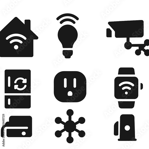 IoT Device Icons. Solid vector icons of IoT device functions: smart home icon, lightbulb with signal, thermostat with wireless,