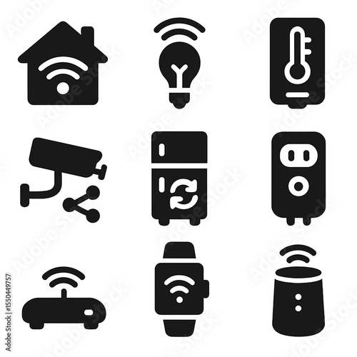IoT Device Icons. Solid vector icons of IoT device functions: smart home icon, lightbulb with signal, thermostat with wireless,