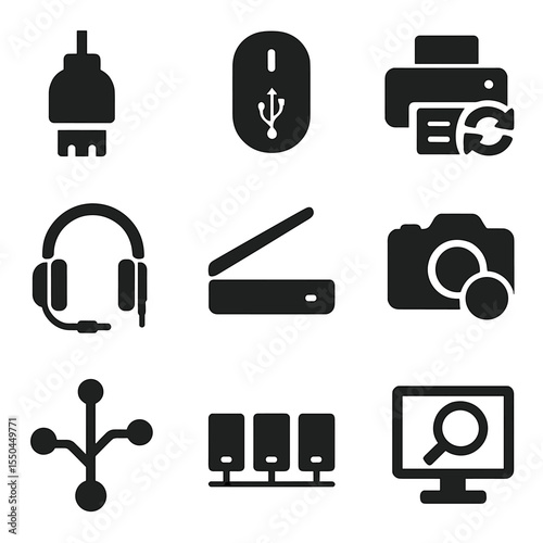 Peripheral Connection Icons. Solid vector icons of peripheral connections: keyboard plug-in, mouse USB port, printer sync icon,
