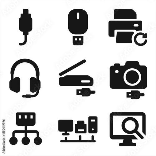 Peripheral Connection Icons. Solid vector icons of peripheral connections: keyboard plug-in, mouse USB port, printer sync icon,
