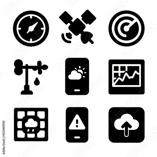 Weather Forecast Icons. Solid vector icons of weather forecast tools: barometer icon, satellite image icon, radar scan symbol,
