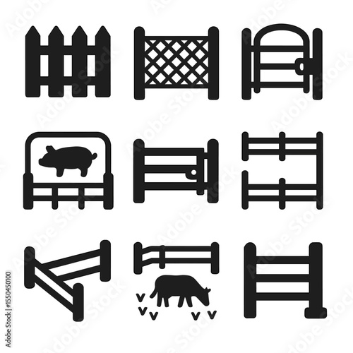 Fence and Enclosure Icons. Solid vector icons of fences and enclosures: wooden fence panel, wired fence icon, animal gate, corral