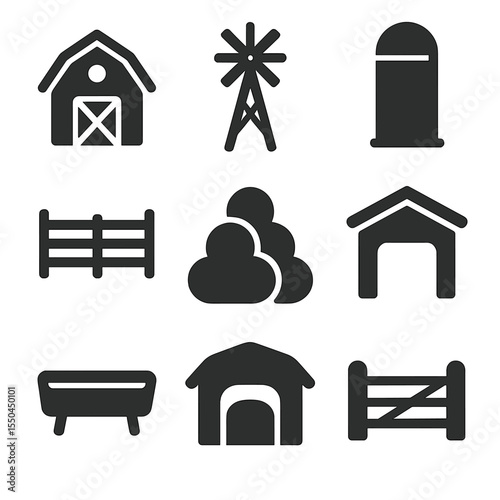 Barnyard Icons. Solid vector icons of barnyard scenes: barn icon, windmill tower, silo storage, fenced pasture, haystack pile,