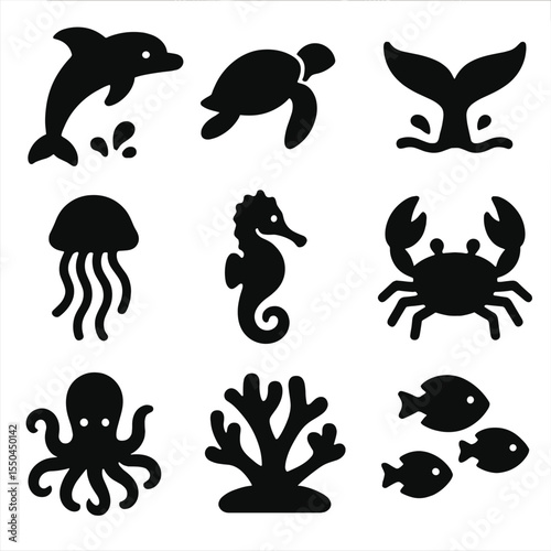 Marine Wildlife Icons. Solid vector icons of marine wildlife: dolphin jumping icon, sea turtle silhouette, whale tail splash,