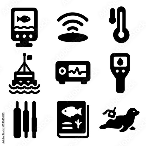 Marine Monitoring Icons. Solid style icons of marine monitoring tools: fish finder device, sonar wave icon, underwater thermometer