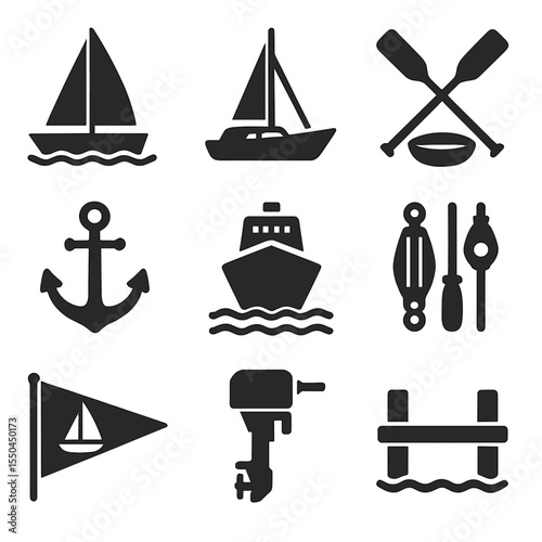 Marine Icon Collection. Solid style icons of boat and sailing: sailboat on water, yacht with mast, oars and rowboat, anchor with