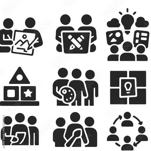 Creative Teamwork Icons. Solid style icons of creative teamwork: collaborative sketch icon, co-design screen, brainstorming color