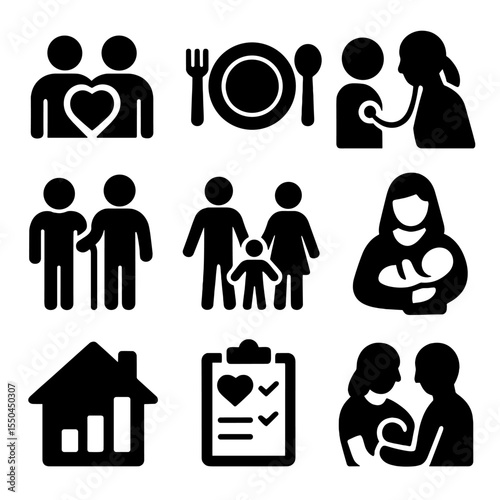 Family Wellness Icons. Solid style icons of family wellness: family with heart icon, shared meal plate, children wellness checkup,
