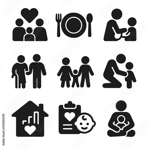 Family Wellness Icons. Solid style icons of family wellness: family with heart icon, shared meal plate, children wellness checkup,