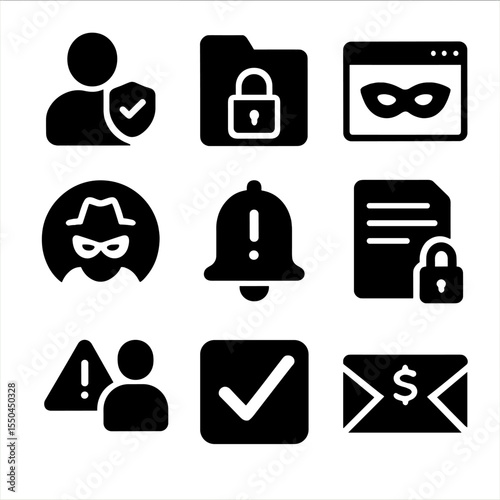 Privacy and Data Icons. Solid style icons of privacy and personal data: user profile with shield, confidential file icon, private