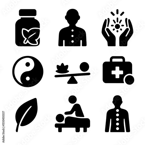 Holistic Wellness Icons. Solid style icons of holistic wellness: herbal remedy bottle, acupuncture points icon, reiki hands symbol