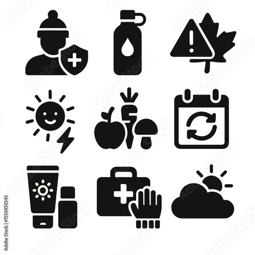 Seasonal Wellness Icons. Solid style icons of seasonal wellness: winter immunity icon, summer hydration bottle, fall allergy alert