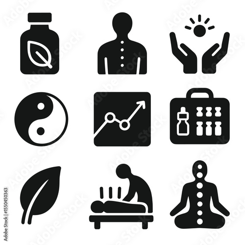 Holistic Wellness Icons. Solid style icons of holistic wellness: herbal remedy bottle, acupuncture points icon, reiki hands symbol