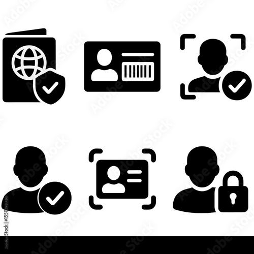 Identity Verification Icons. Solid style icons of identity verification: passport check icon, ID card with barcode, biometric