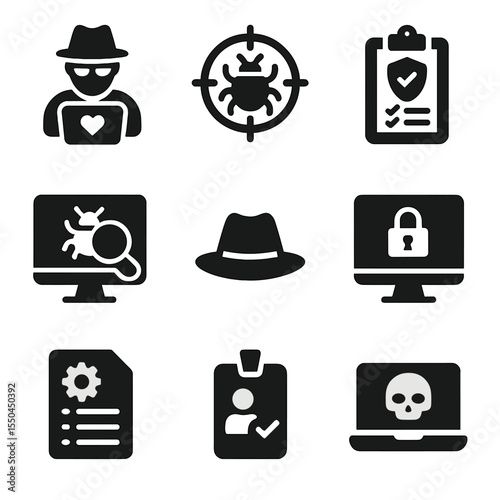 Ethical Hacking Icons. Solid style icons of ethical hacking and testing: ethical hacker icon, bug bounty target, penetration test