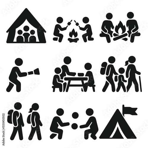 Family Camping Icons. Solid style icons of family camping: family in tent icon, kids roasting marshmallows, family campfire circle