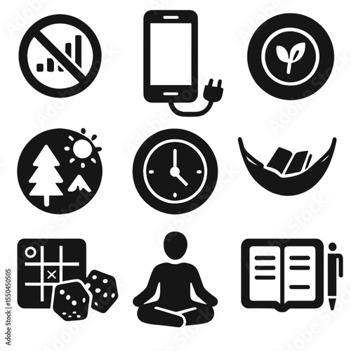 Digital-Free Camping Icons. Solid style icons of digital-free camping: no signal sign, unplugged phone icon, digital detox badge,