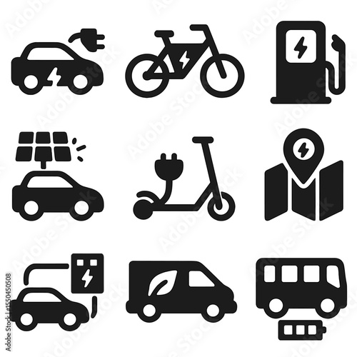 Electric Mobility Icons. Solid style icons of electric mobility: electric vehicle charging, e-bike with energy bolt, EV station