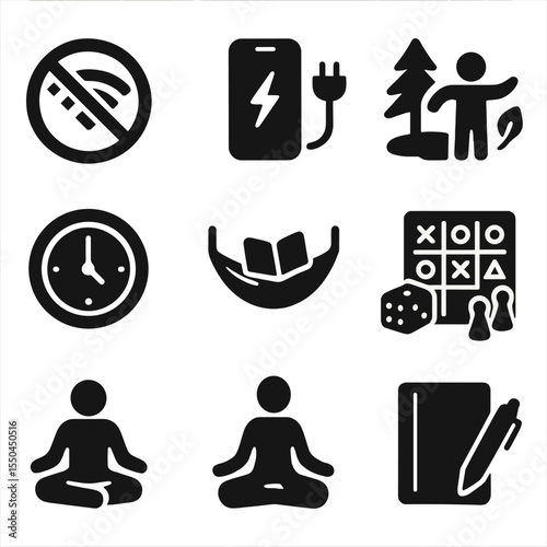 Digital-Free Camping Icons. Solid style icons of digital-free camping: no signal sign, unplugged phone icon, digital detox badge,