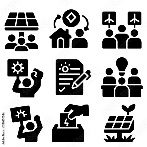 Public Energy Icons. Solid style icons of public engagement and action: community solar panel, energy co-op icon, crowd with wind